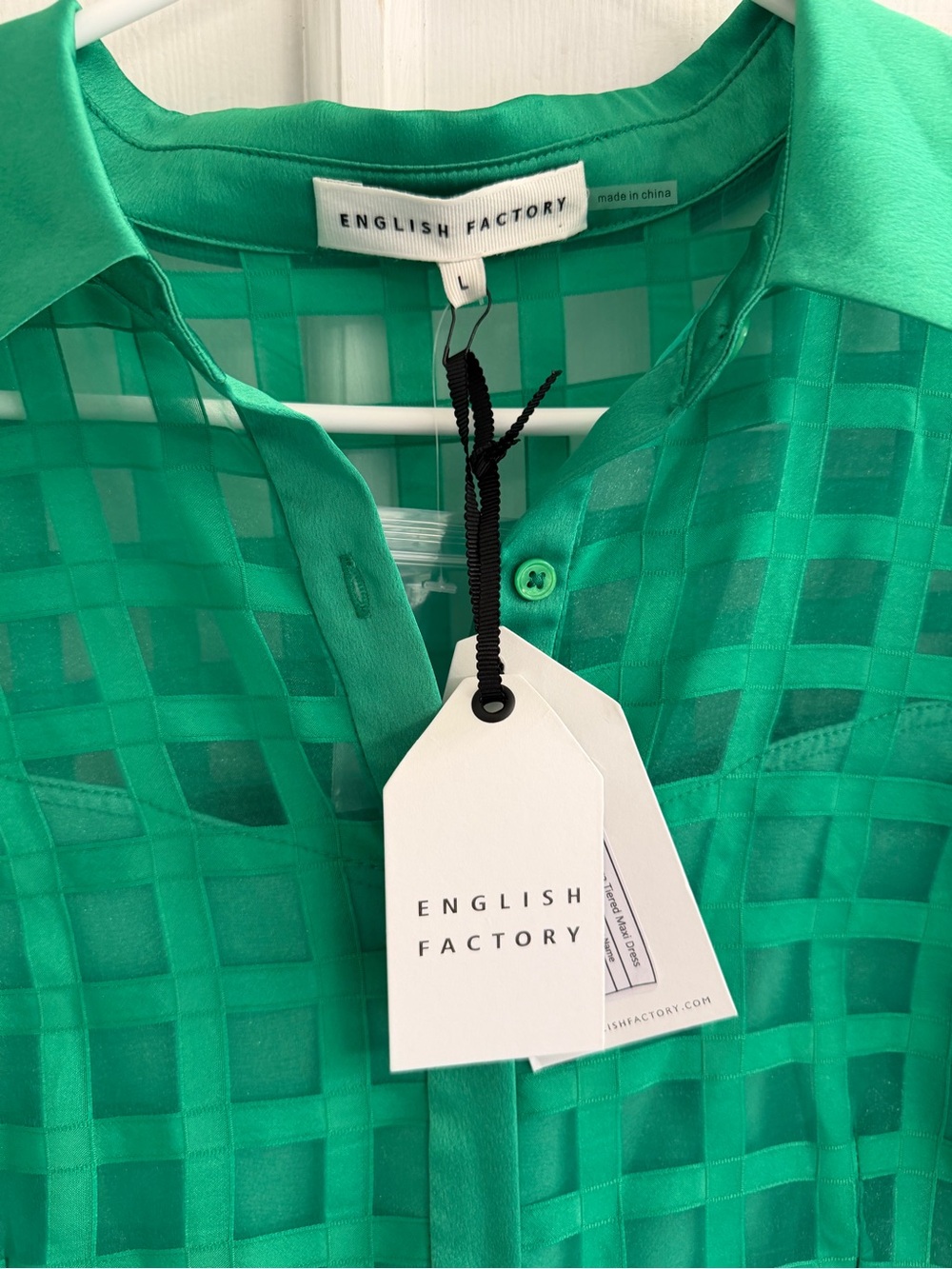 English Factory Gridded Organza Tiered Midi Dress in green, women’s L - Picture 5 of 5